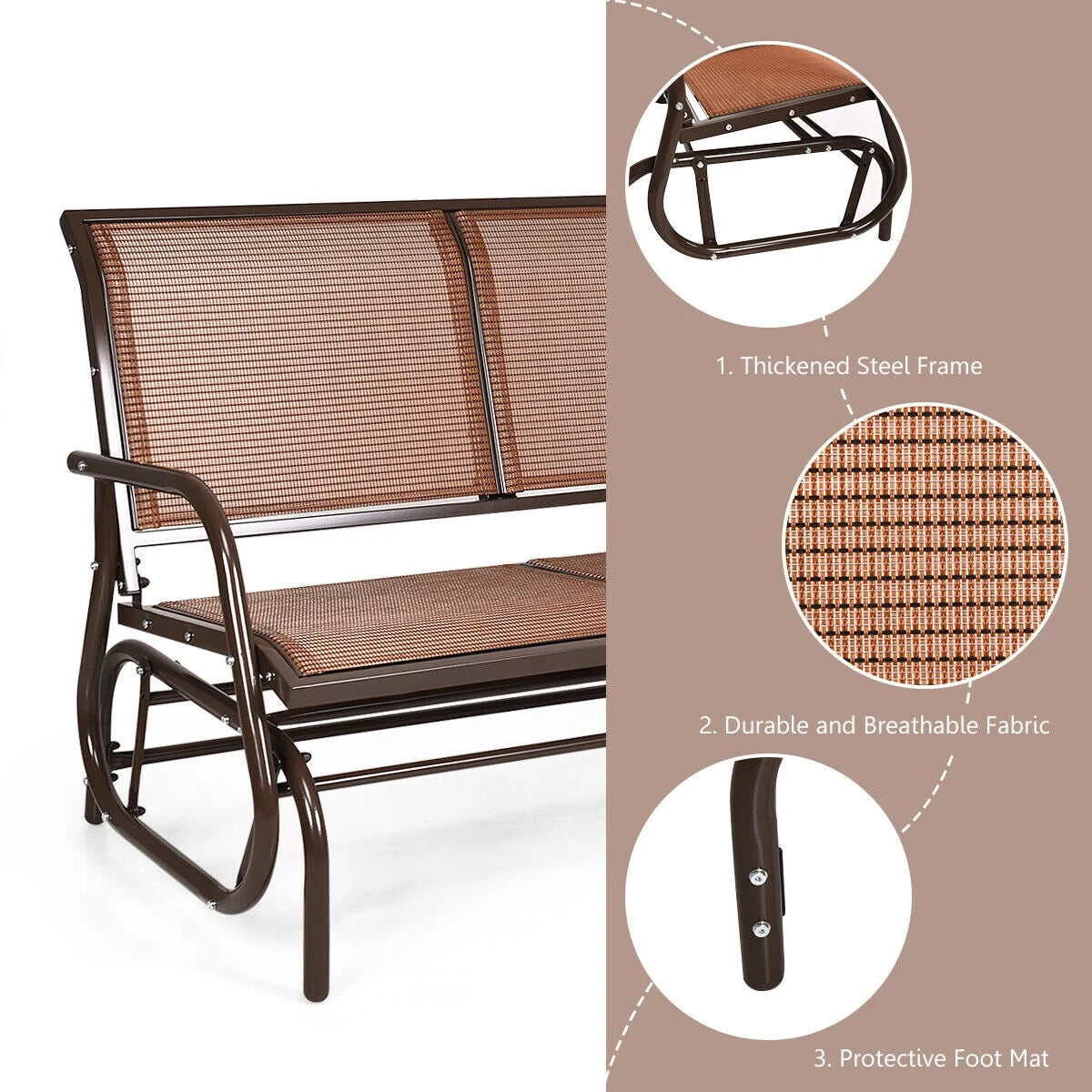 Gymax 48'' Outdoor Patio Swing Glider Bench Chair Loveseat Rocker Lounge Backyard Brown