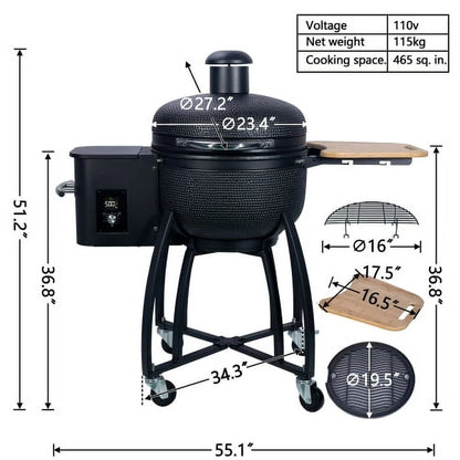 MADETEC 24" Ceramic Pellet Grill with 19.6" diameter Gridiron Double Ceramic Liner 4-in-1 Smoked Roasted BBQ Pan-roasted for Outdoors Patio,Black