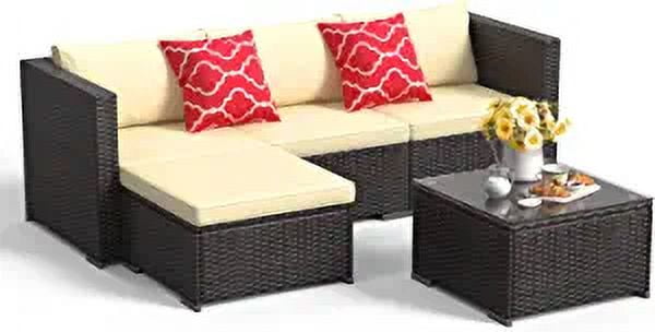 5Pcs Patio Conversation Set, Outdoor Rattan Sectional Sofa, Beige