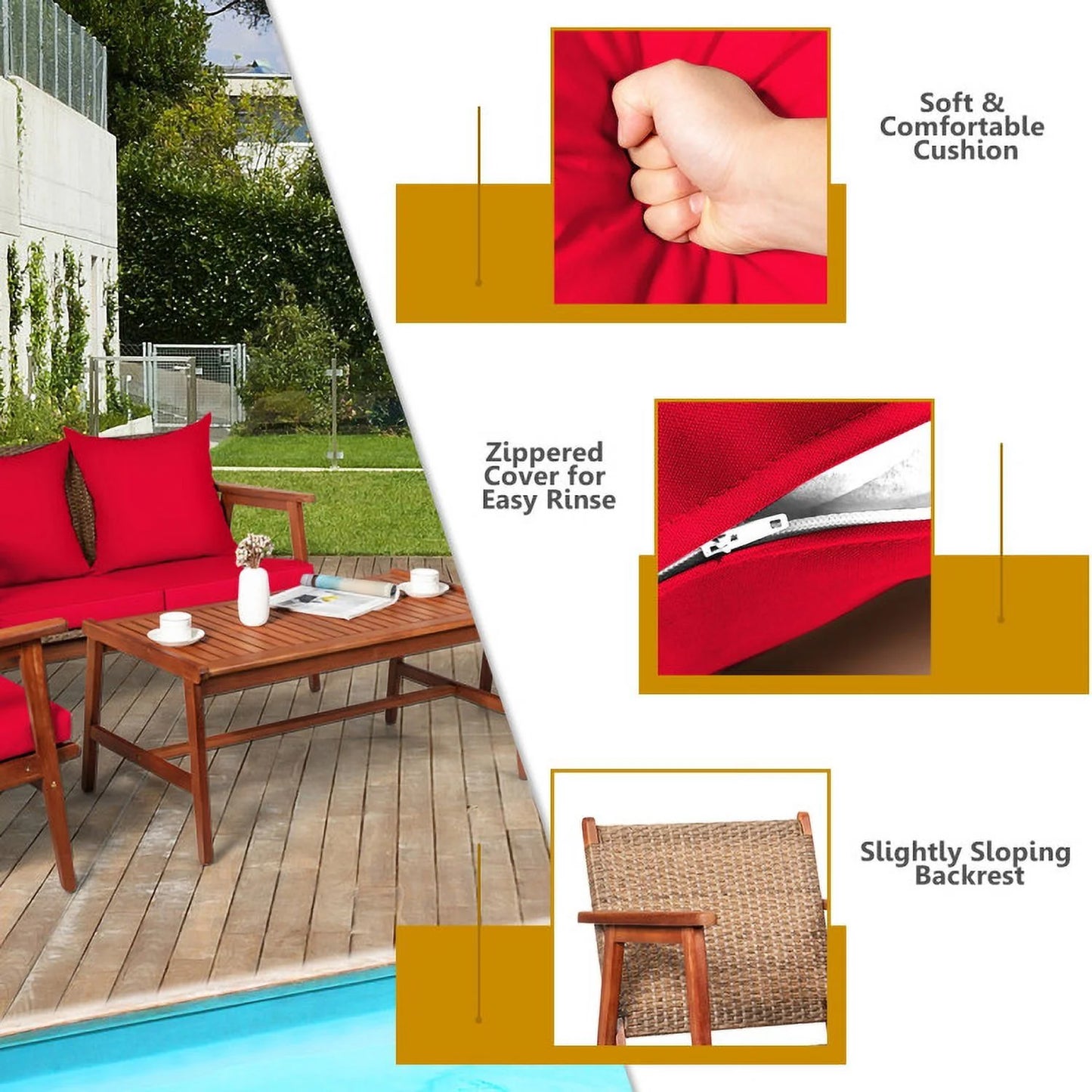 Barara King Outdoor Collection Set, Patio Conversation Table Chair Set, 4 Piece Acacia Wood Patio Rattan Furniture Set-Brown