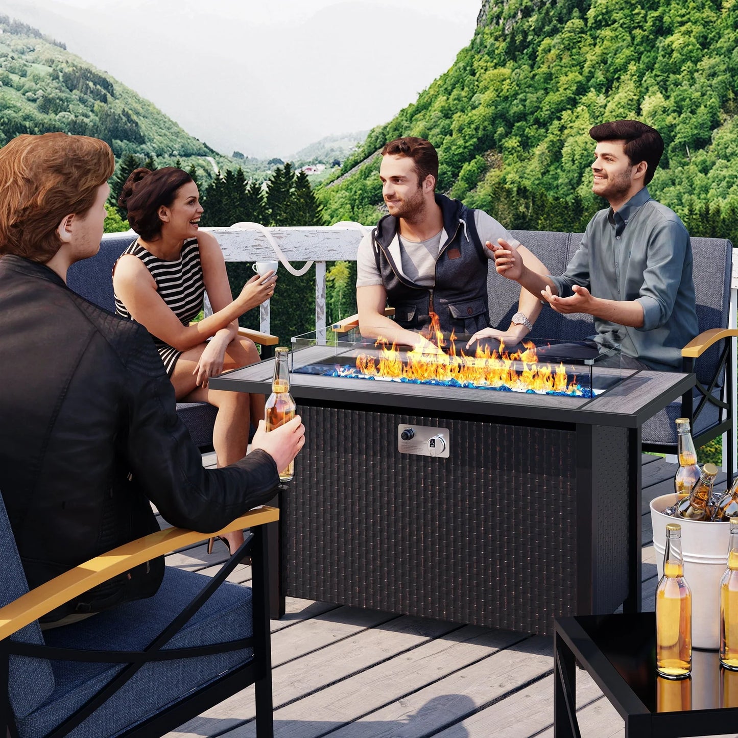Sobaniilo Fire Pit 45in Propane Fire Pit with Rain Cover and Lava Rock, Outdoor Firepit Table 50000 BTU 3-in-1 Fire Table for Patio/Yard/Balcony, Rectangular, Black