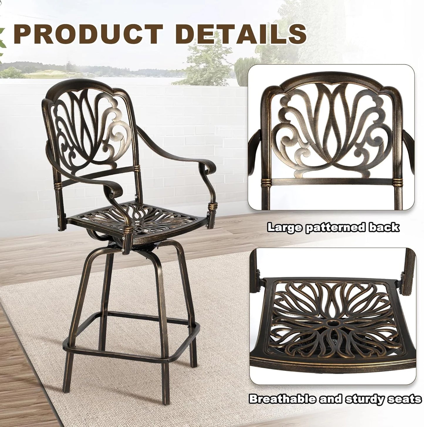 Magic Union Outdoor Cast Aluminum Swivel Bar Stools Set of 2, Patio Height Bartools Chairs, 2 Piece Patio High Dining Bistro Chairs for Garden Backyard (Without Cushion)