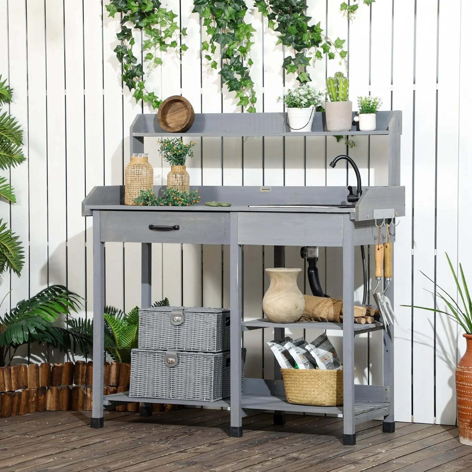 SSyao Potting Bench Table, Outdoor Wooden Garden Workstation with Removable Sink, Faucet, Storage Drawer, Shelves & Tool Hooks, Gardening Table for Patio, Backyard, Greenhouse, Planting Tasks,Gray