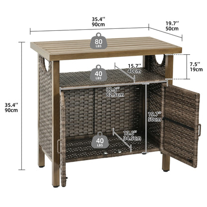 DWVO Outdoor Garden Patio Wicker Storage Cabinet with with 2 Doors and Shelves, Wicker Bar Table, Rattan Counter Table,Deck Box - Brown
