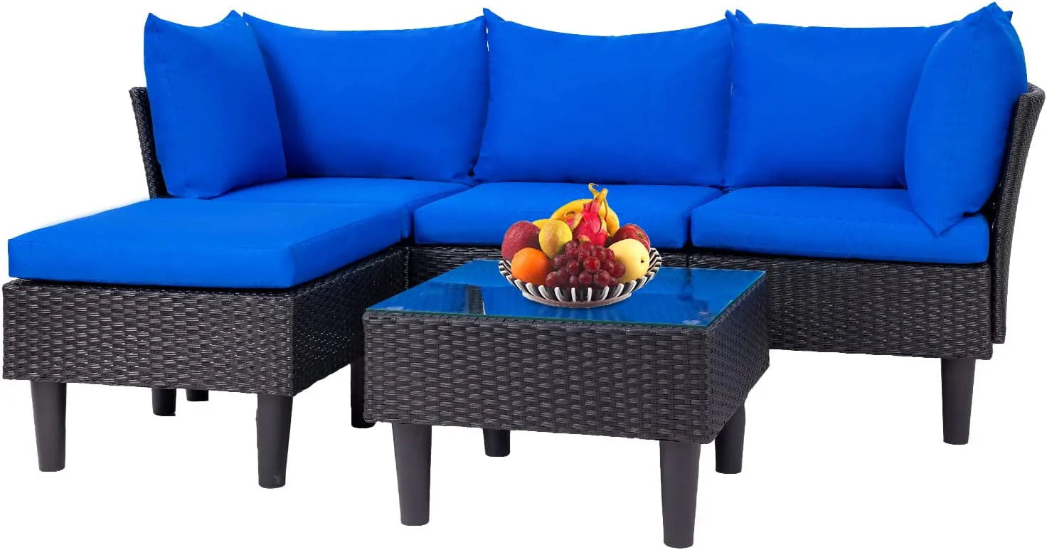 5 Pieces Patio Furniture Sets Outdoor Sectional Sofa Wicker Chair Rattan Conversation Set for Outdoor Backyard Porch Poolside Balcony Garden Furniture with Coffee Table,Blue Cushion