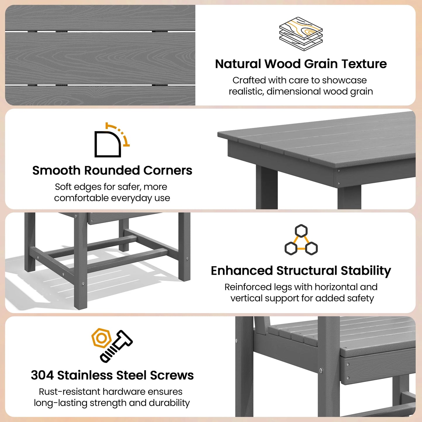 KINGYES 7-Piece Outdoor Dining Set, HDPE Patio Table and Chairs with Umbrella Hole, Gray