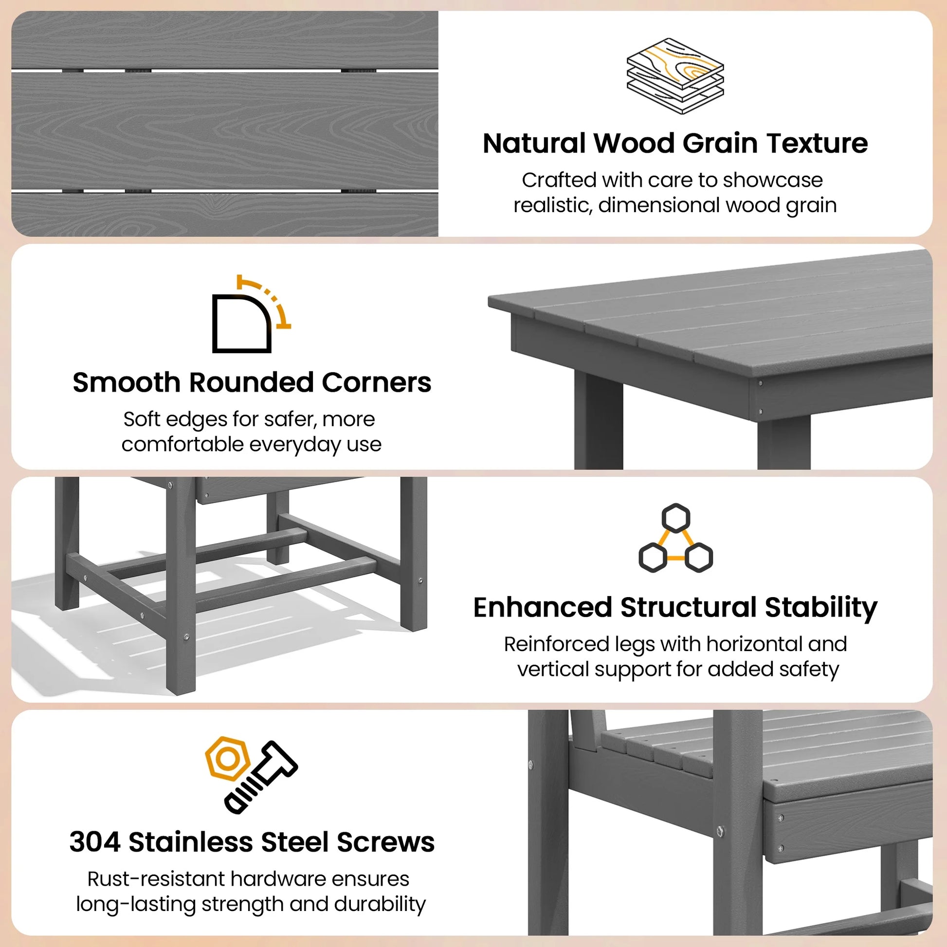 KINGYES 7-Piece Outdoor Dining Set, HDPE Patio Table and Chairs with Umbrella Hole, Gray