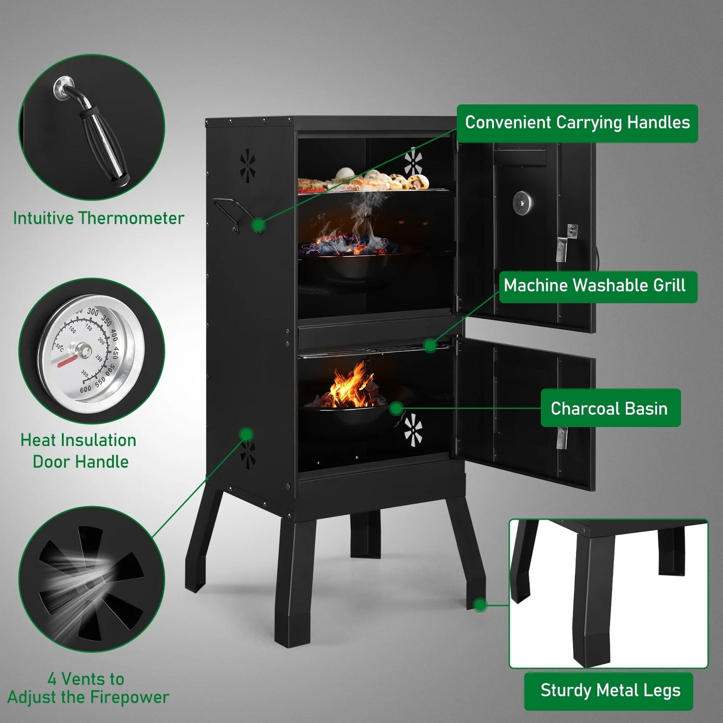 Zimtown Charcoal Grill BBQ Smoker Outdoor Barbecue Pit with 3 Levels Patio Backyard Black