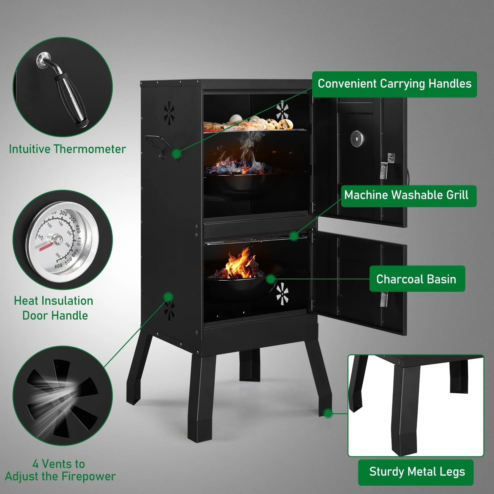 Zimtown Charcoal Grill BBQ Smoker Outdoor Barbecue Pit with 3 Levels Patio Backyard Black