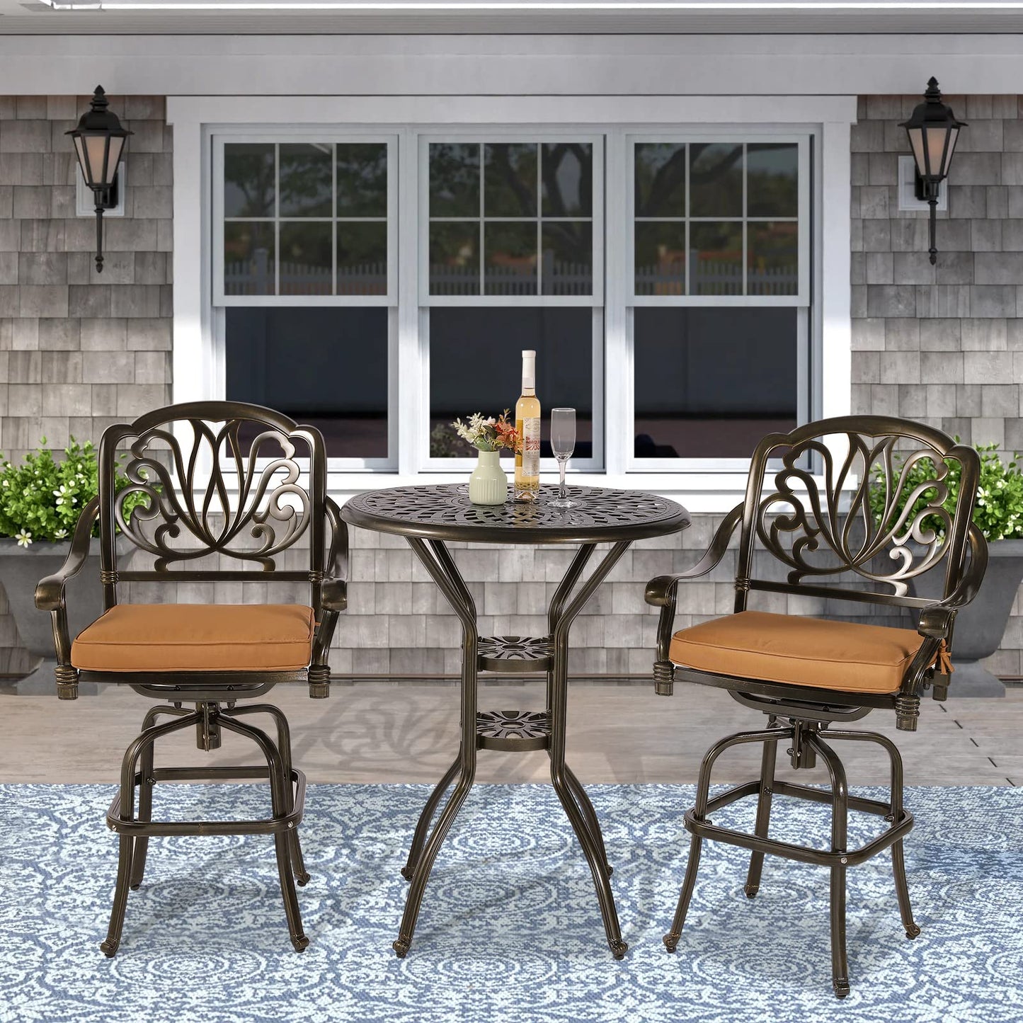 VIVIJASON 30.8" Round Cast Aluminum Patio Bar Table with Umbrella Hole, Antique Bronze