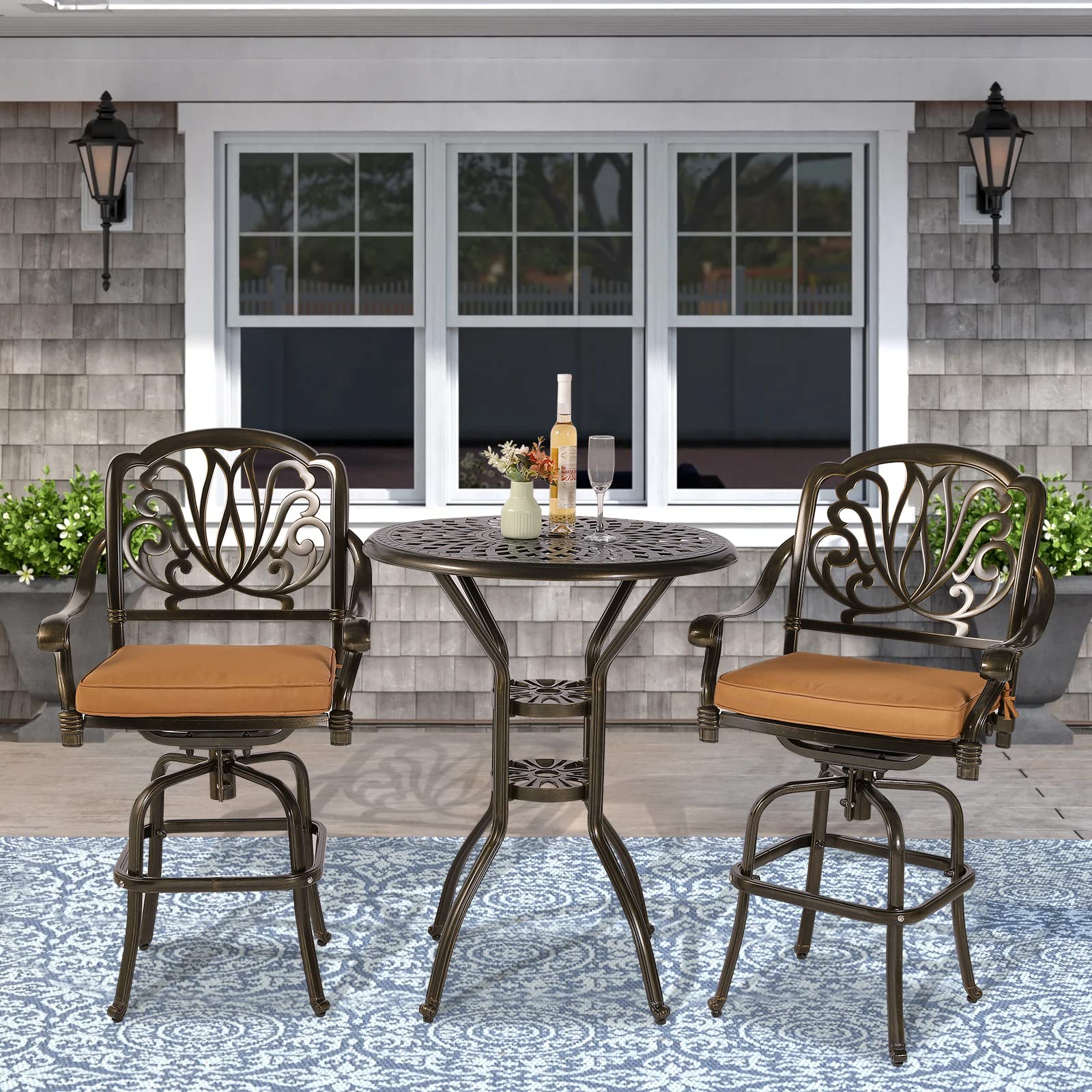 VIVIJASON 30.8" Round Cast Aluminum Patio Bar Table with Umbrella Hole, Antique Bronze