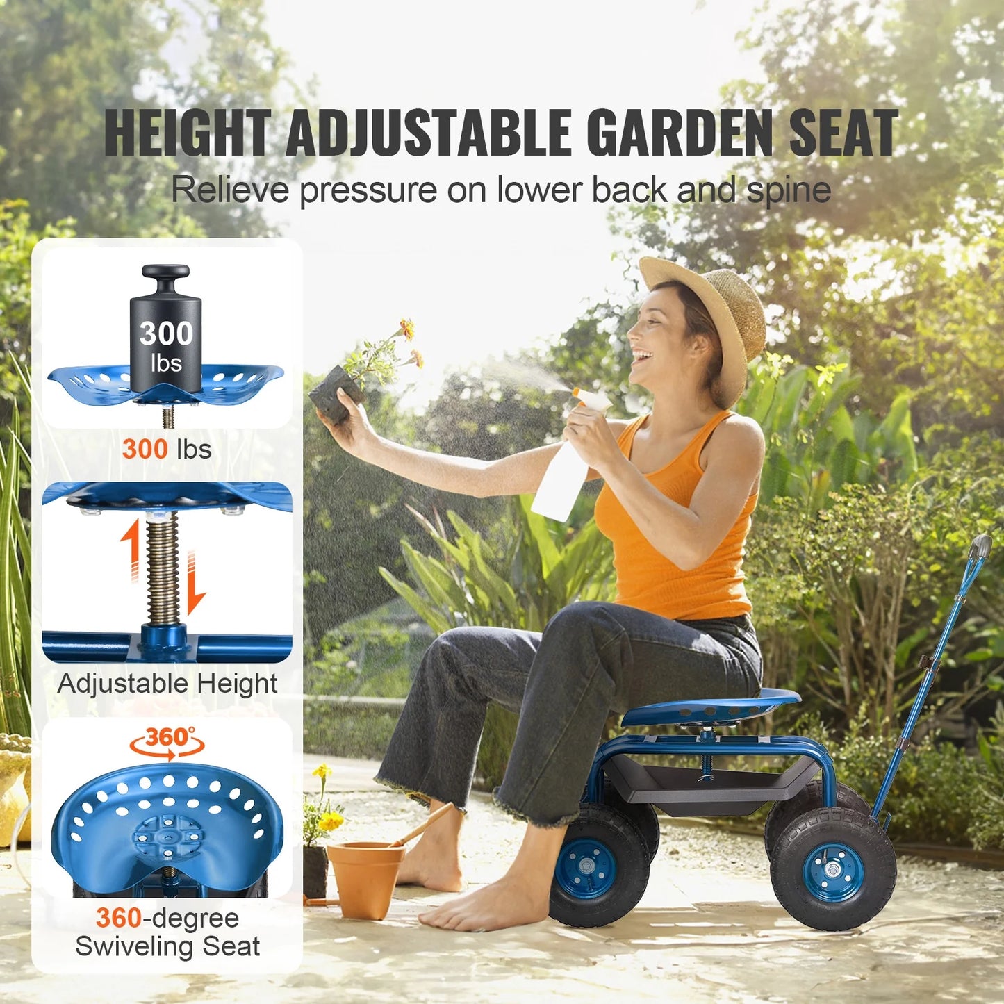 KFFKFF Outdoor Cart with Rotating Seat, Planting Stool on Wheels, Garden Trolley with Directional Handle and Handy Tool Tray, Ideal for Lawn, Patio, and Outside Areas, Blue
