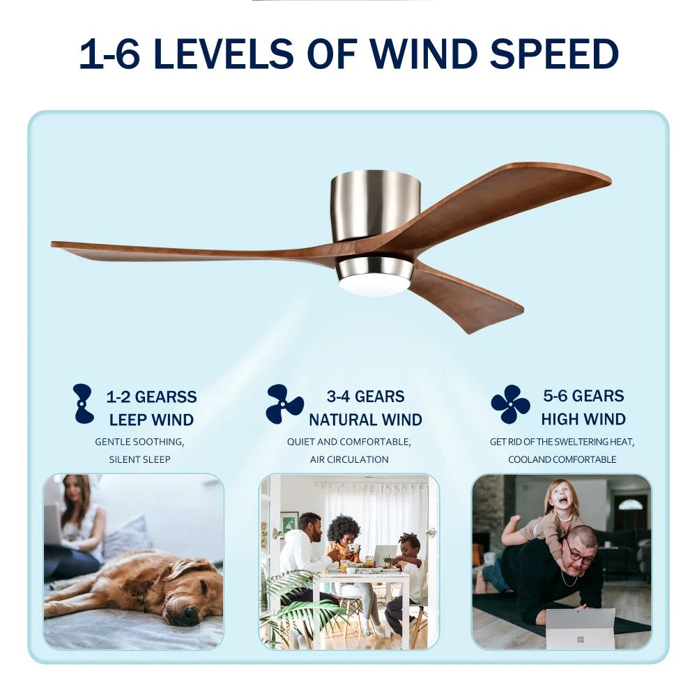 IVV 52 Inch Classic Flush Mount LED Ceiling Fan with Light, Remote Control, Reversible Motor, 6 Speed, 3 Wooden Blades for Bedroom Living Room Patio - Walnut