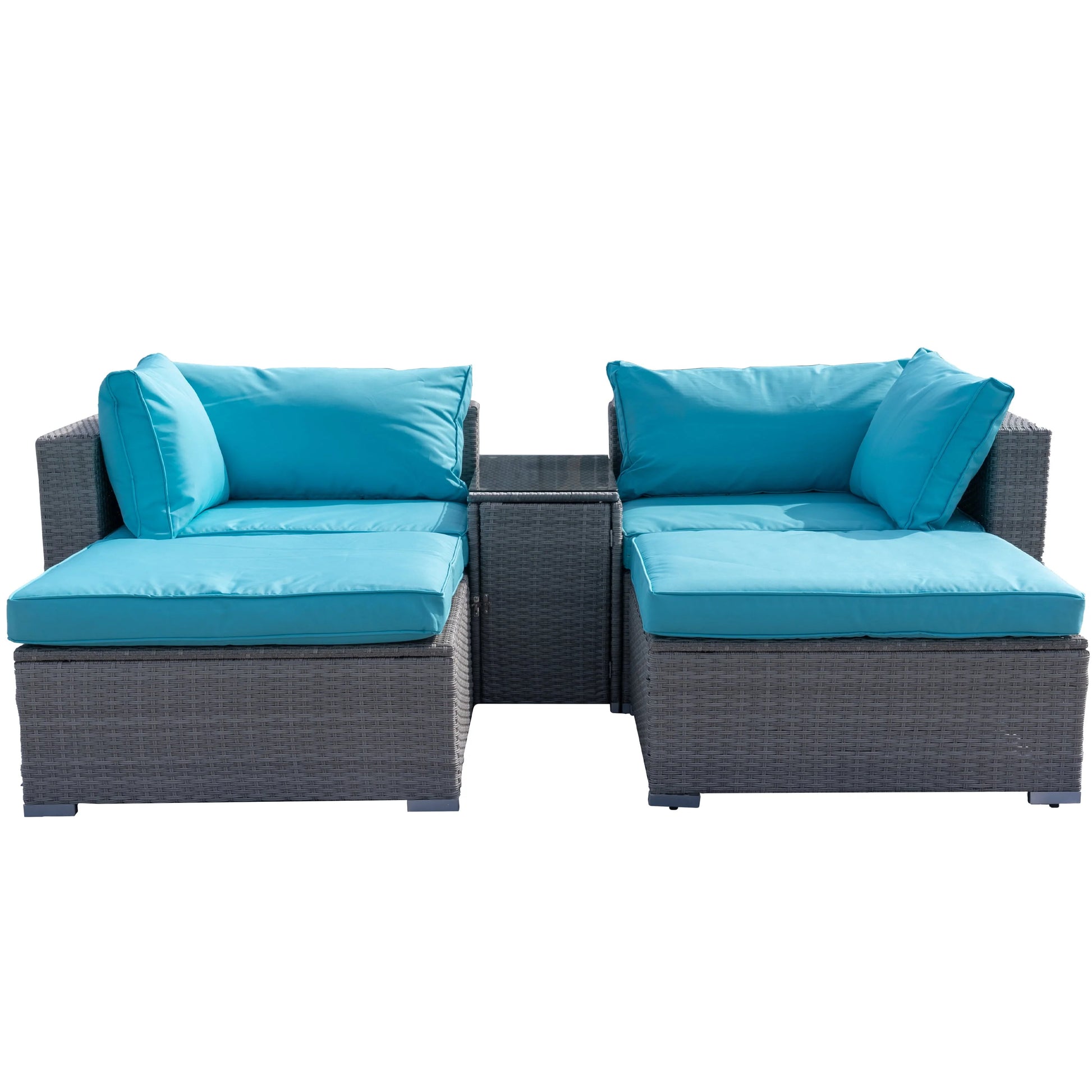 5 Pieces Outdoor Rattan Patio Sofa Set with Blue Cushions