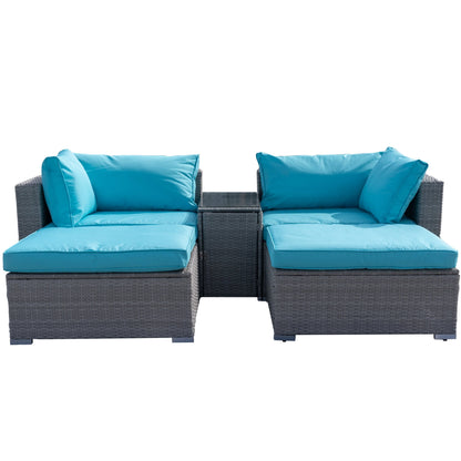 5 Pieces Outdoor Rattan Patio Sofa Set with Blue Cushions