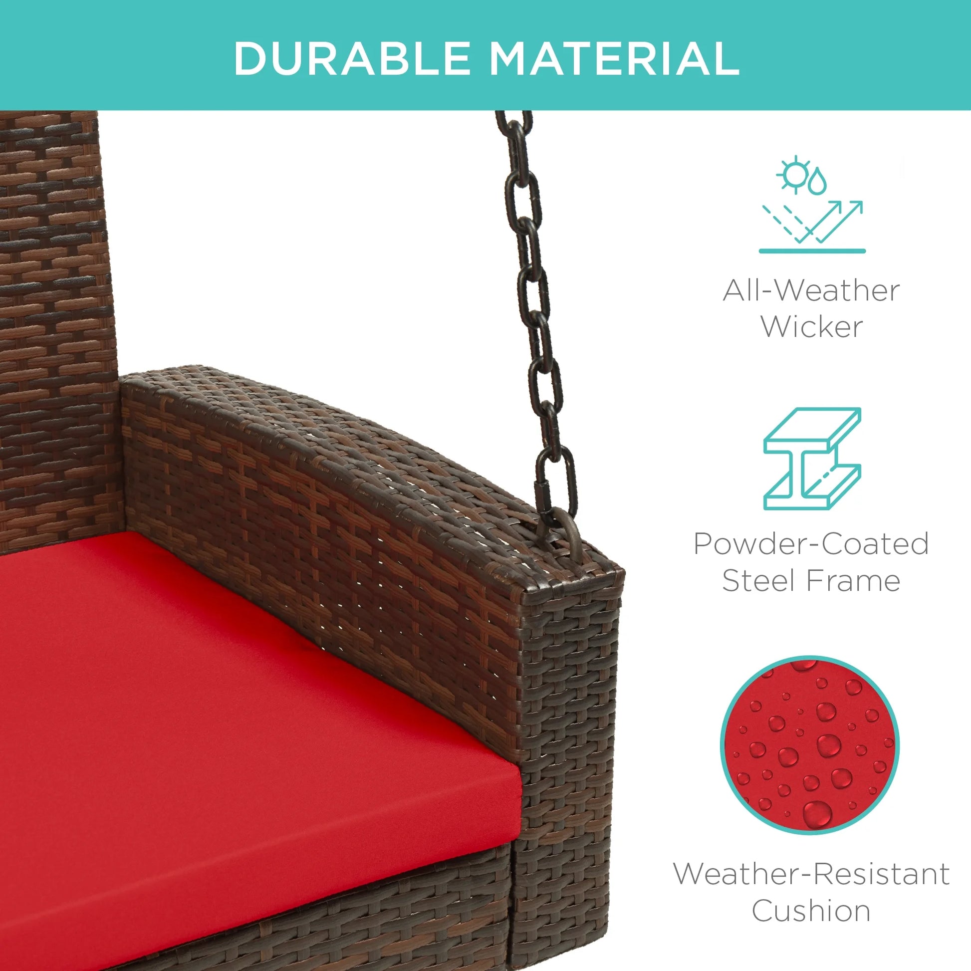 Best Choice Products Woven Wicker Hanging Porch Swing Bench for Patio, Deck w/Mounting Chains, Seat Cushion - Gray/Navy