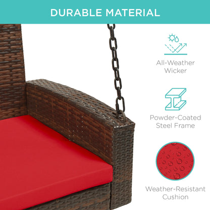 Best Choice Products Woven Wicker Hanging Porch Swing Bench for Patio, Deck w/Mounting Chains, Seat Cushion - Gray/Navy