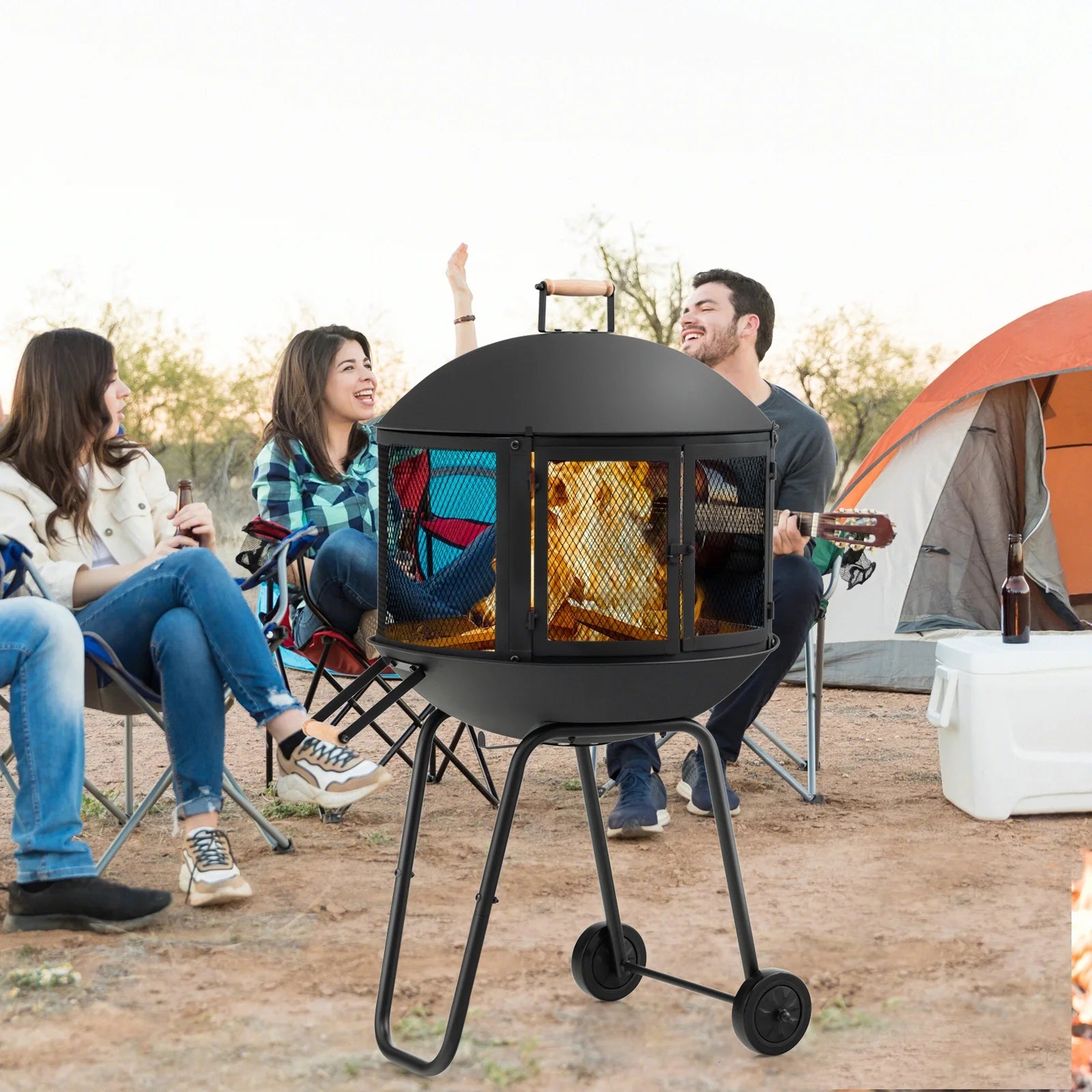 Topbuy Portable Fire Pit w/Wheels 28" Wood Burning Fire Pit w/Log Grate Poker Rolling Patio Fireplace Bonfire Firepit for Outdoor Entertaining