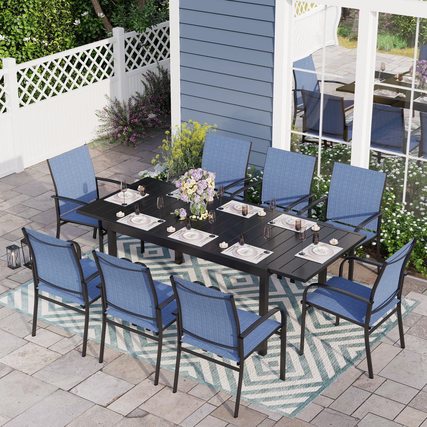 Sophia & William 9 Piece Patio Metal Dining Set Expandable Patio Dining Table and 8 Blue Textilene Chairs