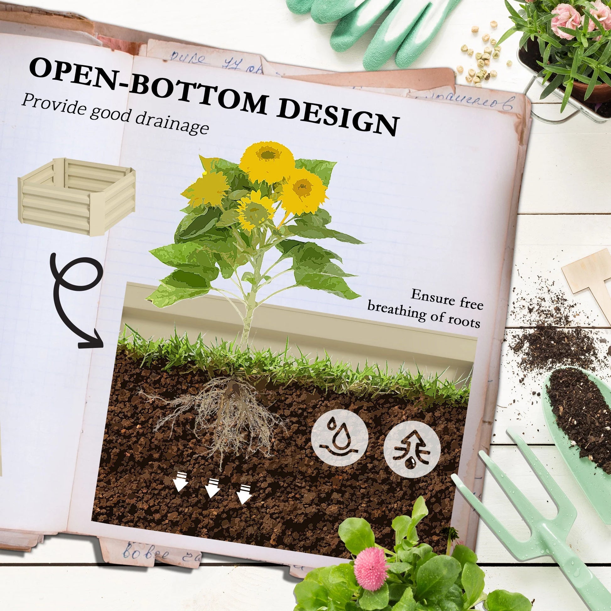 Outsunny Galvanized Raised Garden Bed,24" X 24" X 11.75" Outdoor Planter Box with Trellis Tomato Cage and Open Bottom for Climbing Vines,Vegetables,Flowers In Backyard,Garden,Patio,Cream,White Steel