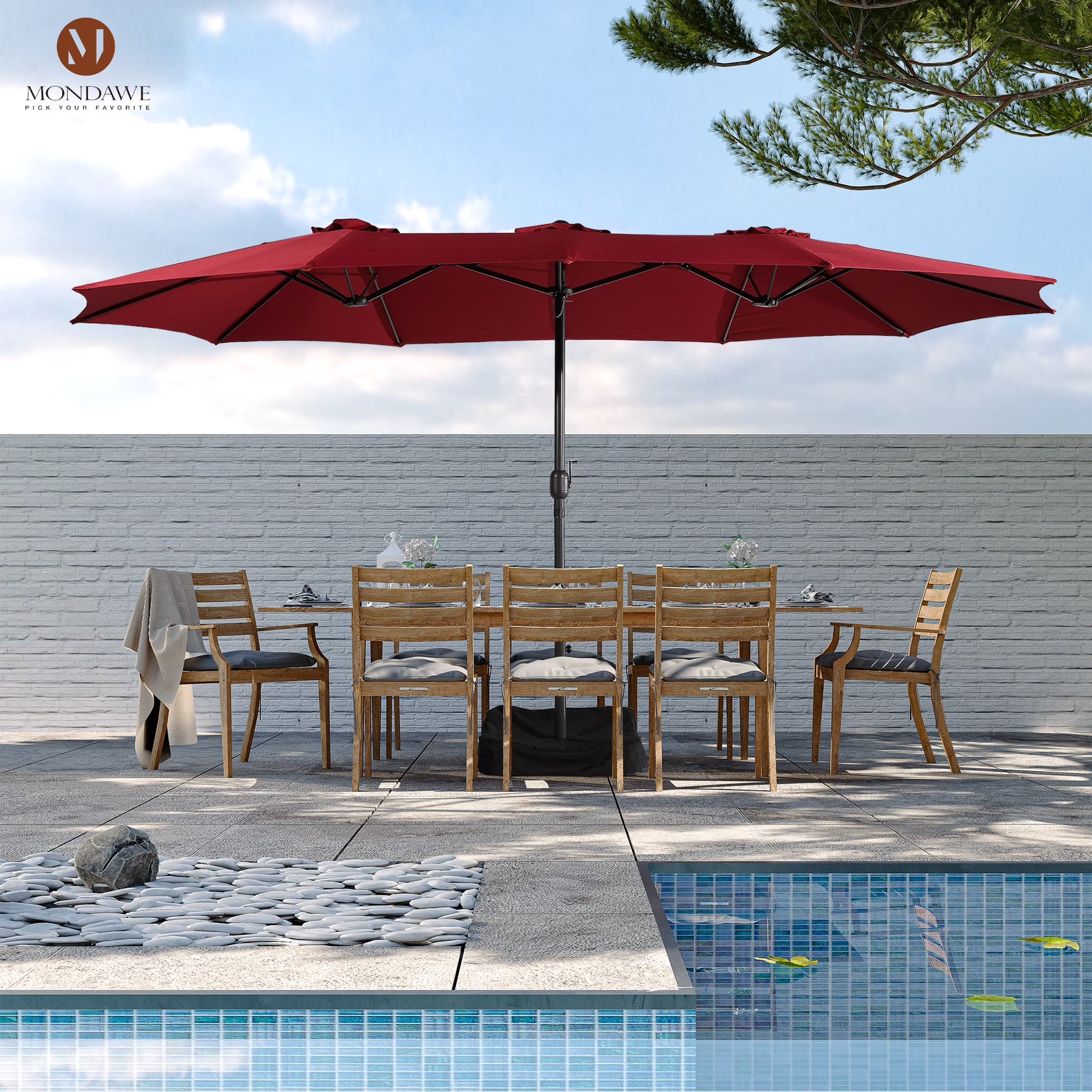 Mondawe 15ft Patio Umbrella Rectangular Outdoor Market Umbrella with Base and LED Lights Beige