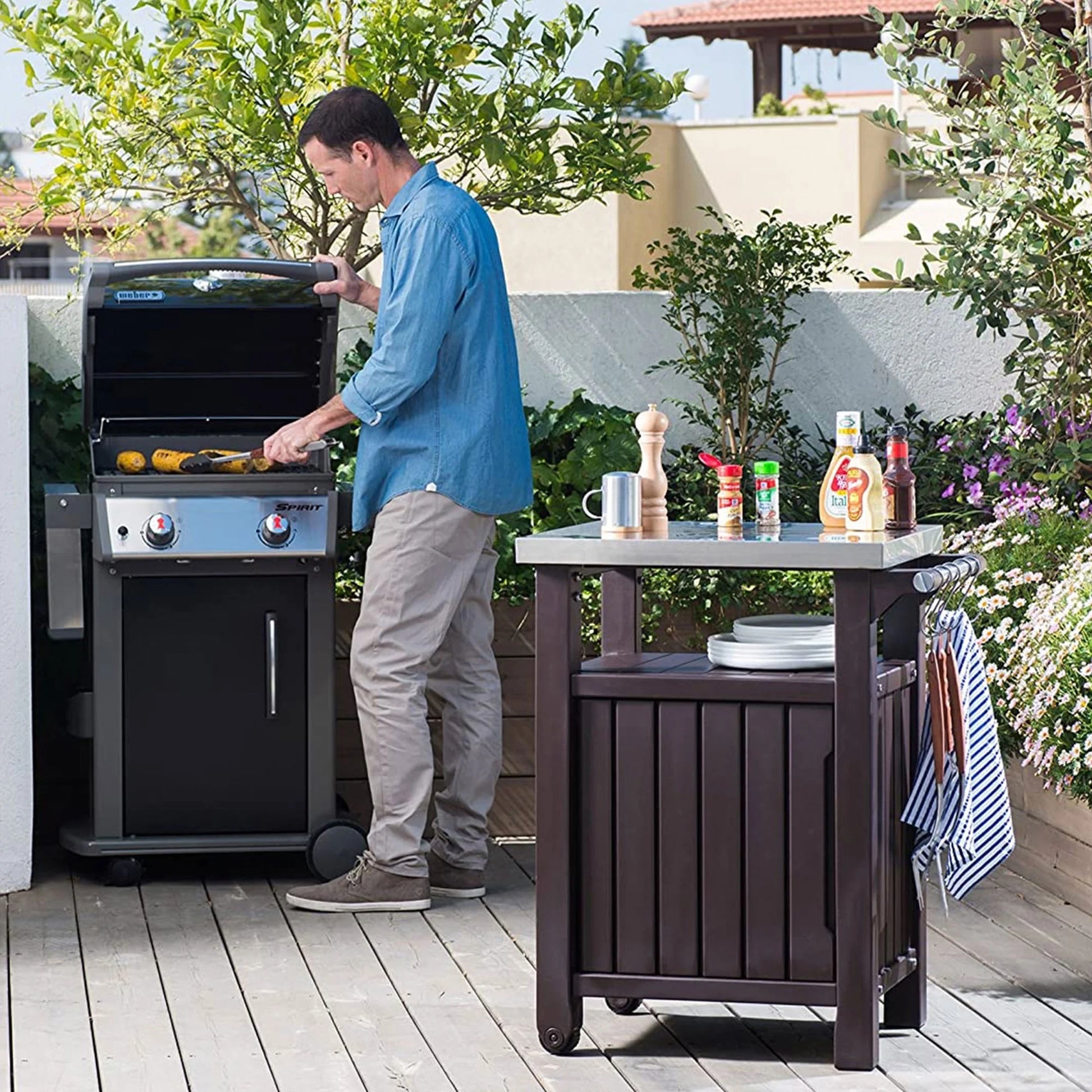 Keter Unity 40 Gal Patio Storage Grilling Bar Cart w/Stainless Steel Top, Brown