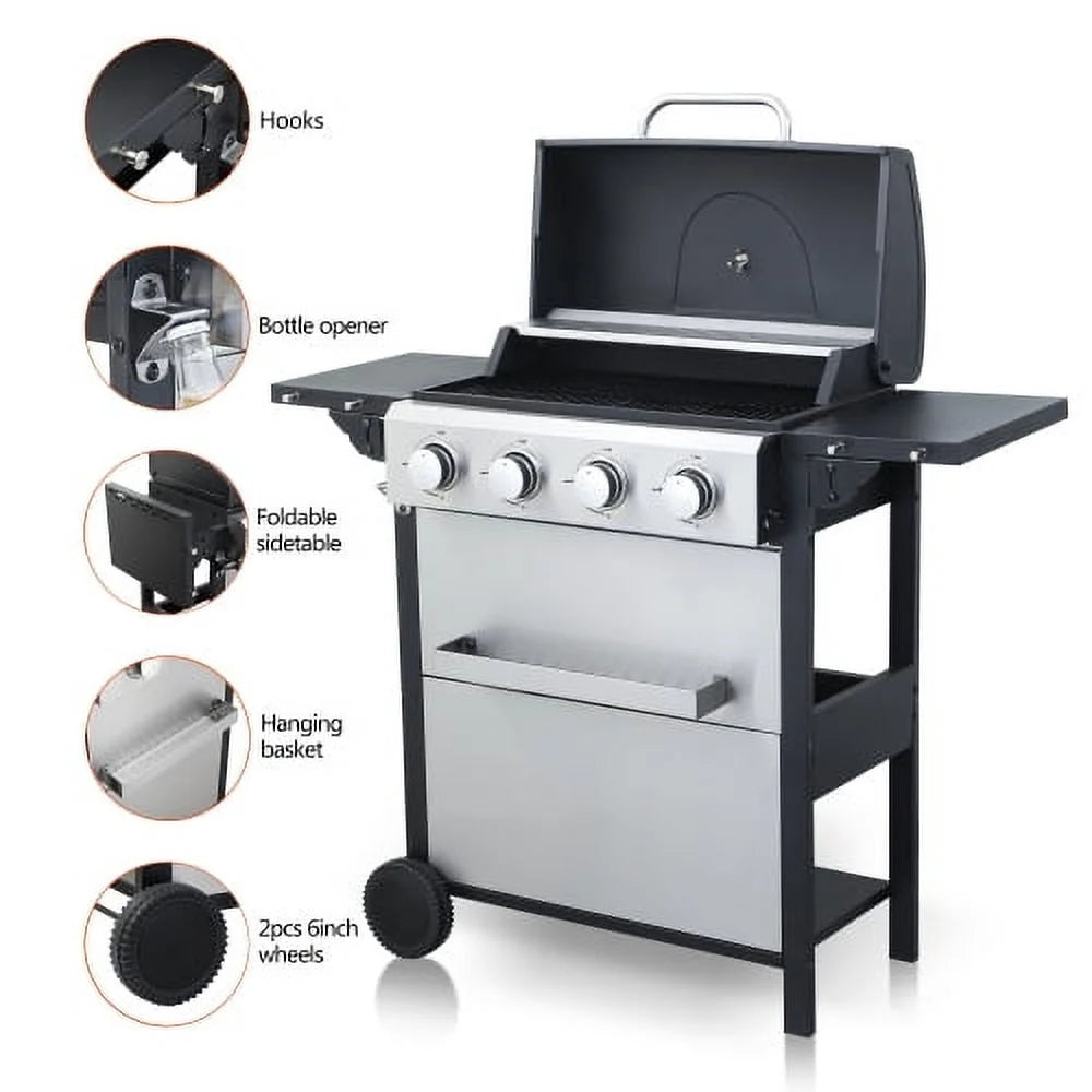Yiweny 3 Burner BBQ Propane Gas Grill, Stainless Steel 25650 BTU Patio Garden Barbecue Grill with Bottle Opener, Two Foldable Side Shelves & Thermometer, Perfect for Camping, Outdoor Cooking.