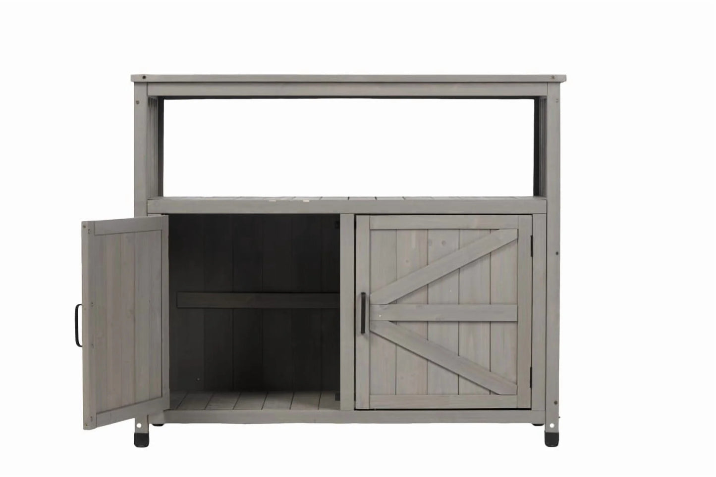 Outdoor Storage Cabinet, Patio Bar Table with Two Doors and Shelves, Wooden Patio Bar Table Set with Storage, Buffet Cabinet Sideboard for Outdoor and Indoor, Gray
