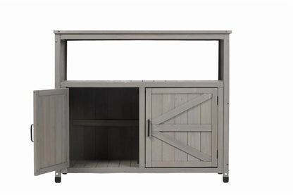 Outdoor Storage Cabinet, Patio Bar Table with Two Doors and Shelves, Wooden Patio Bar Table Set with Storage, Buffet Cabinet Sideboard for Outdoor and Indoor, Gray