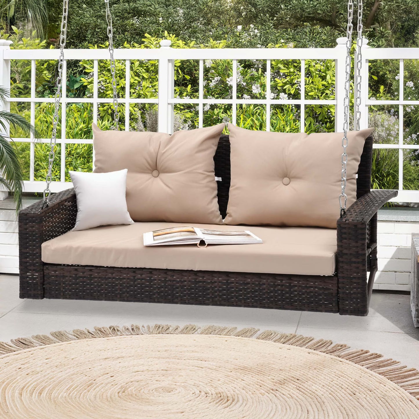 Dextrus 2-Seats Wicker Hanging Porch Swing Chair Outdoor Black Rattan Patio Swing Lounge w/2 Back Cushions Capacity 770lbs for Garden, Balcony, Living Room, Beige