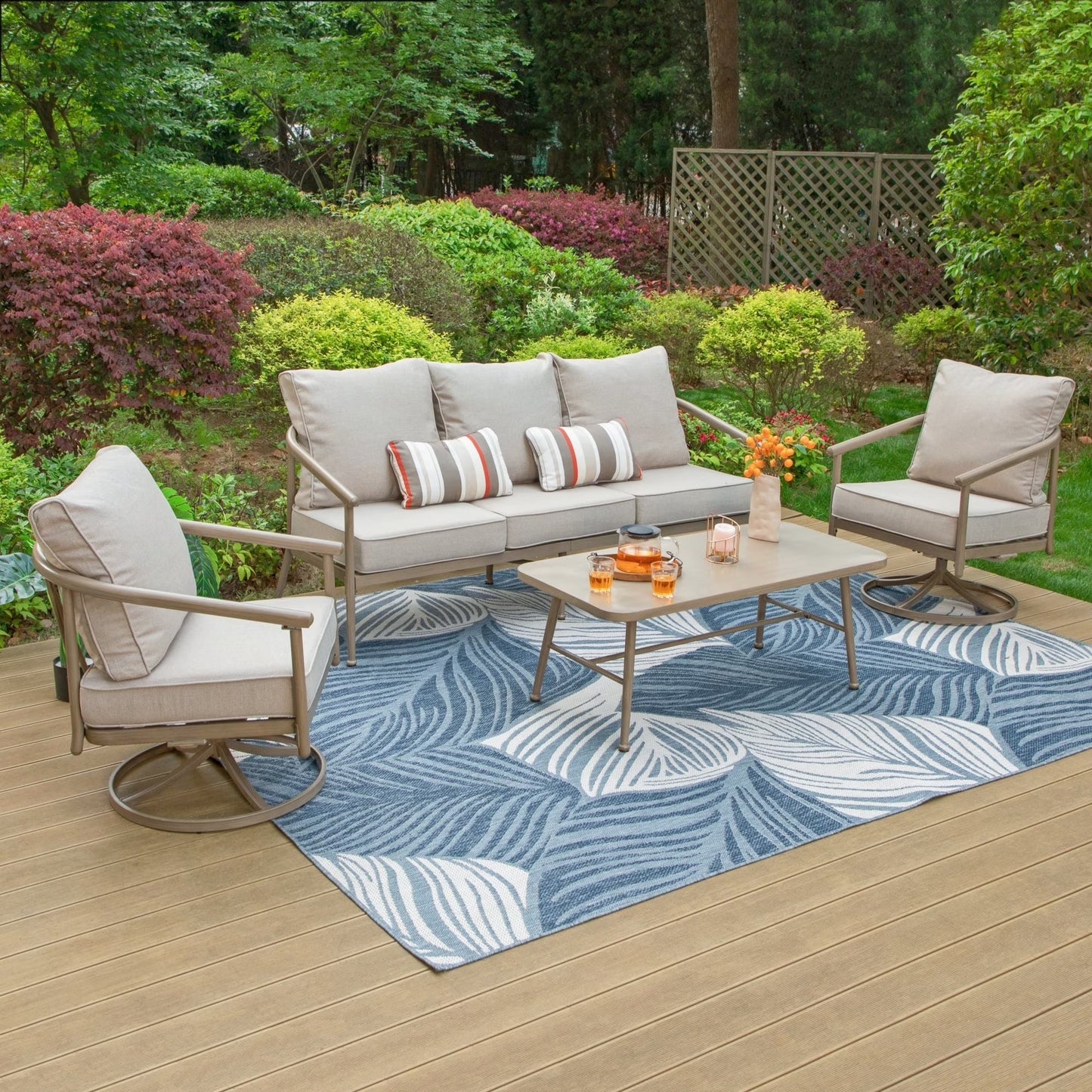 MF Studio 4-Piece Windsor Style Outdoor Patio Furniture Set, Farmhouse Wood-Grain Metal Outdoor Patio Conversation Set for 5 People, Beige