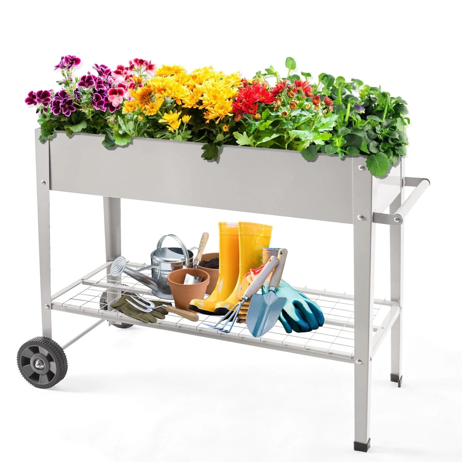 Pushable Grey Metal Raised Garden Bed, Outdoor/Indoor Garden Pots with Handles, Wheels and Shelves, Apartment Patio Stand for Vegetables Flowers Fruits from EXCITED WORK-37.5 inches Long