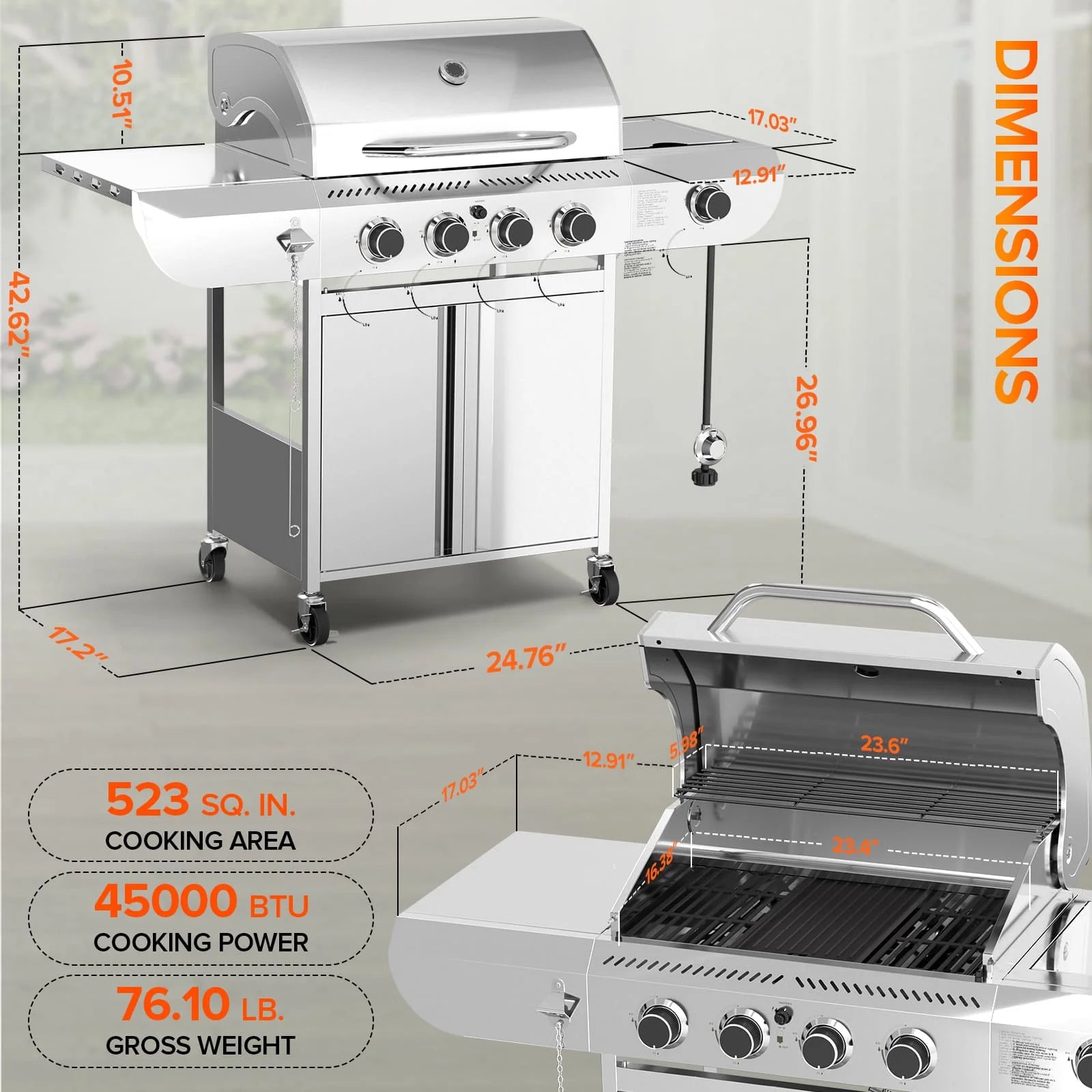 LHRIVER Stainless Steel 4-Burner Gas Grill with Side Burner, 42000BTU Barbecue Propane Grill for Outdoor Patio
