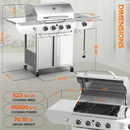LHRIVER Stainless Steel 4-Burner Gas Grill with Side Burner, 42000BTU Barbecue Propane Grill for Outdoor Patio
