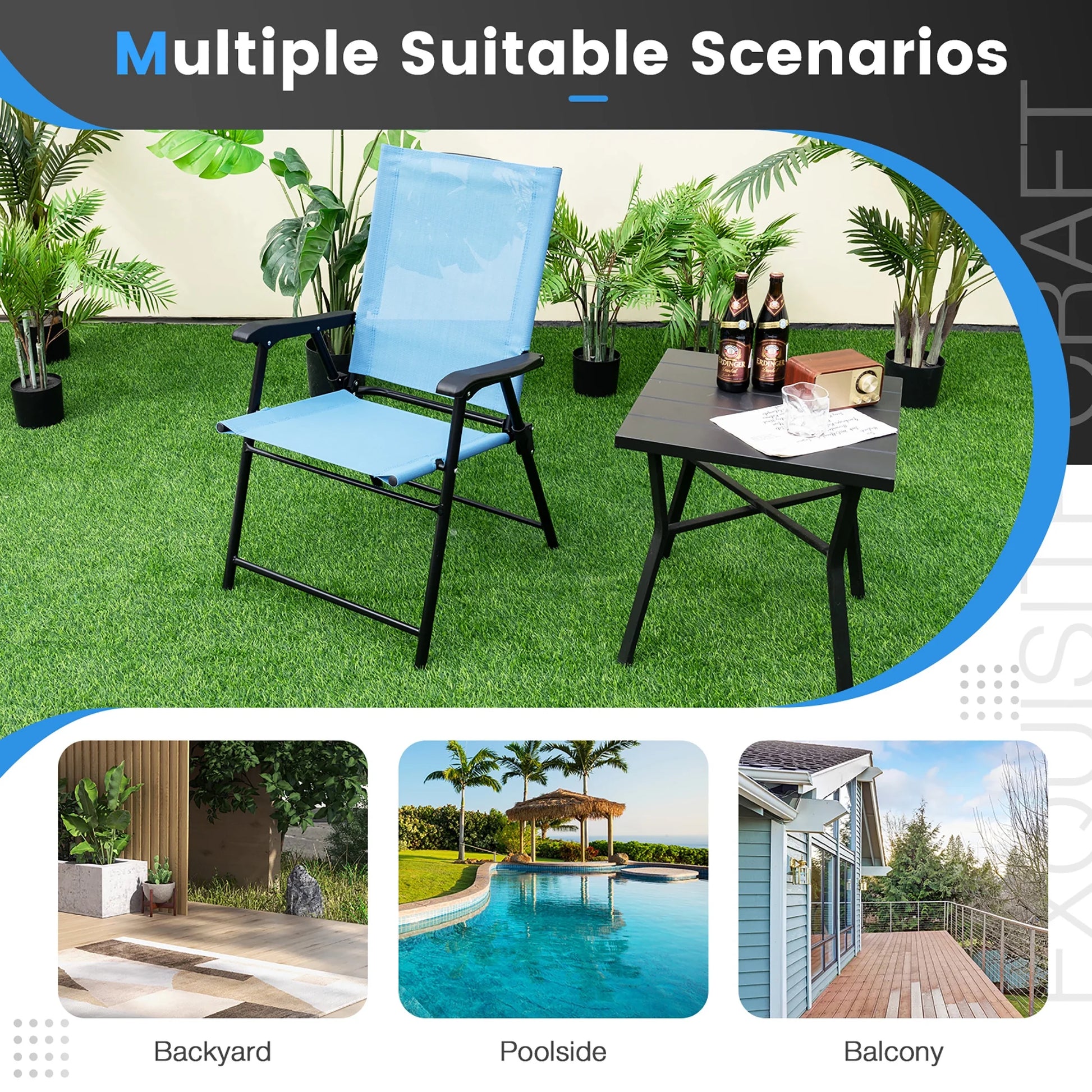 Gymax Patio Metal Camping Breathable and Rip-resistant Folding Chairs, Blue (Set of 4)