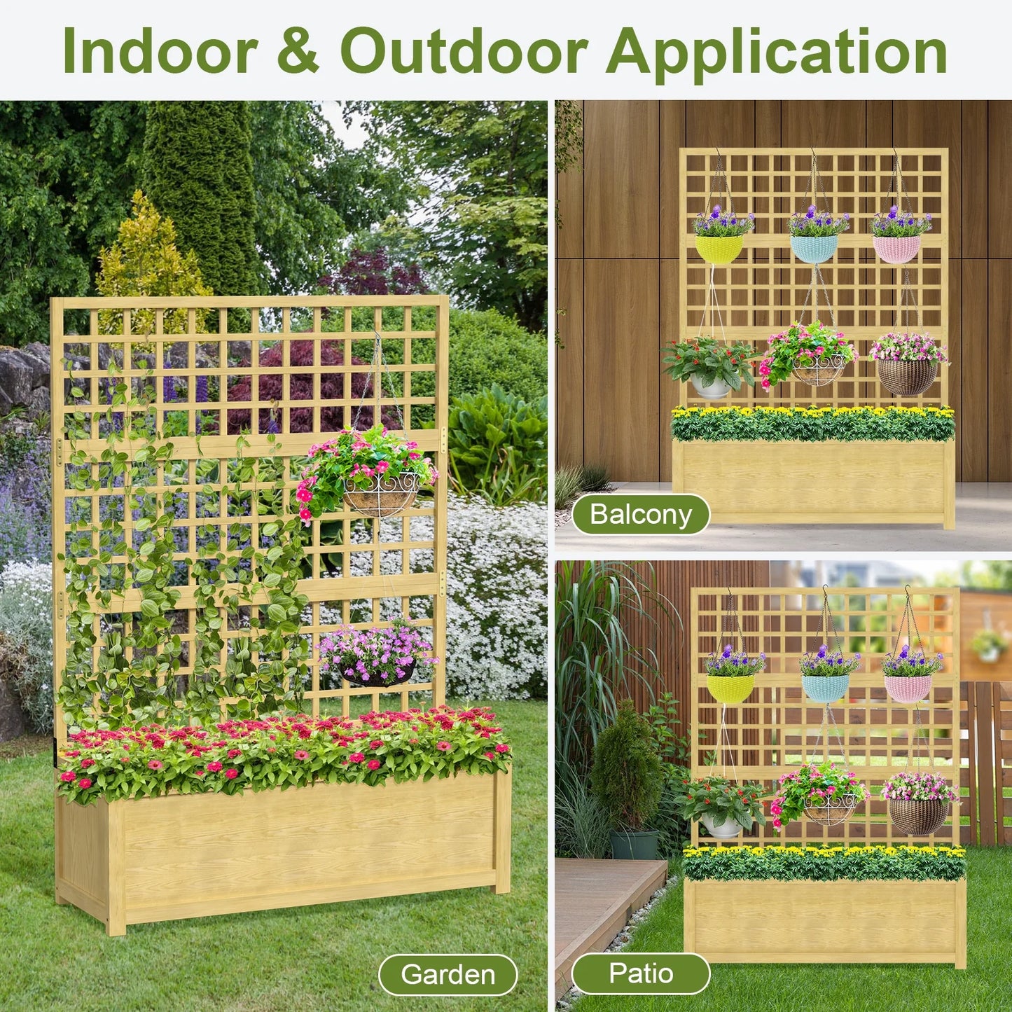 Slsy 63" Screen Raised Garden Bed, Wooden Planter Box with Hanging Roof & Drainage Holes, Indoor Outdoor Elevated Planter for Vine, Climbing Plants, Flowers, Patio & Garden