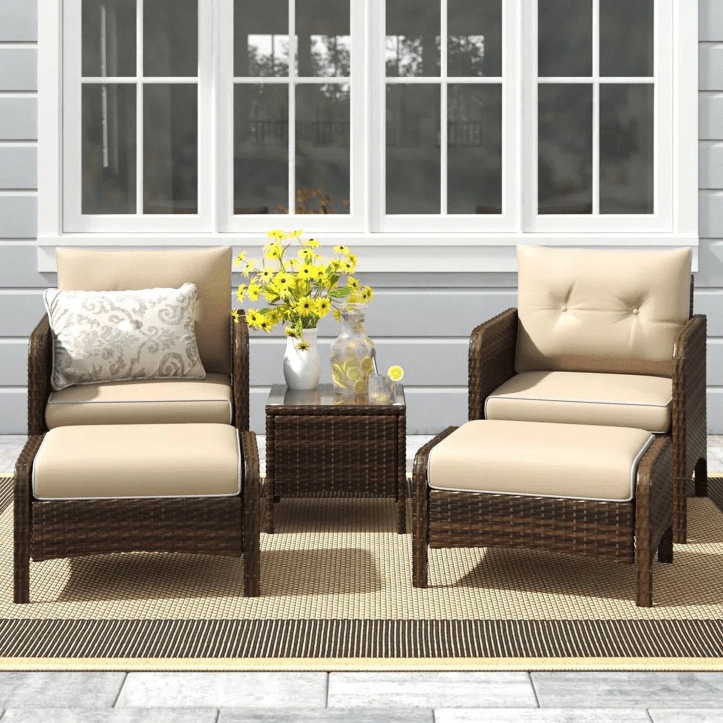 AECOJOY 5 Piece Patio Furniture Set Rattan Wicker Chair with Table Ottoman Patio Conversation Set for Porch in Beige