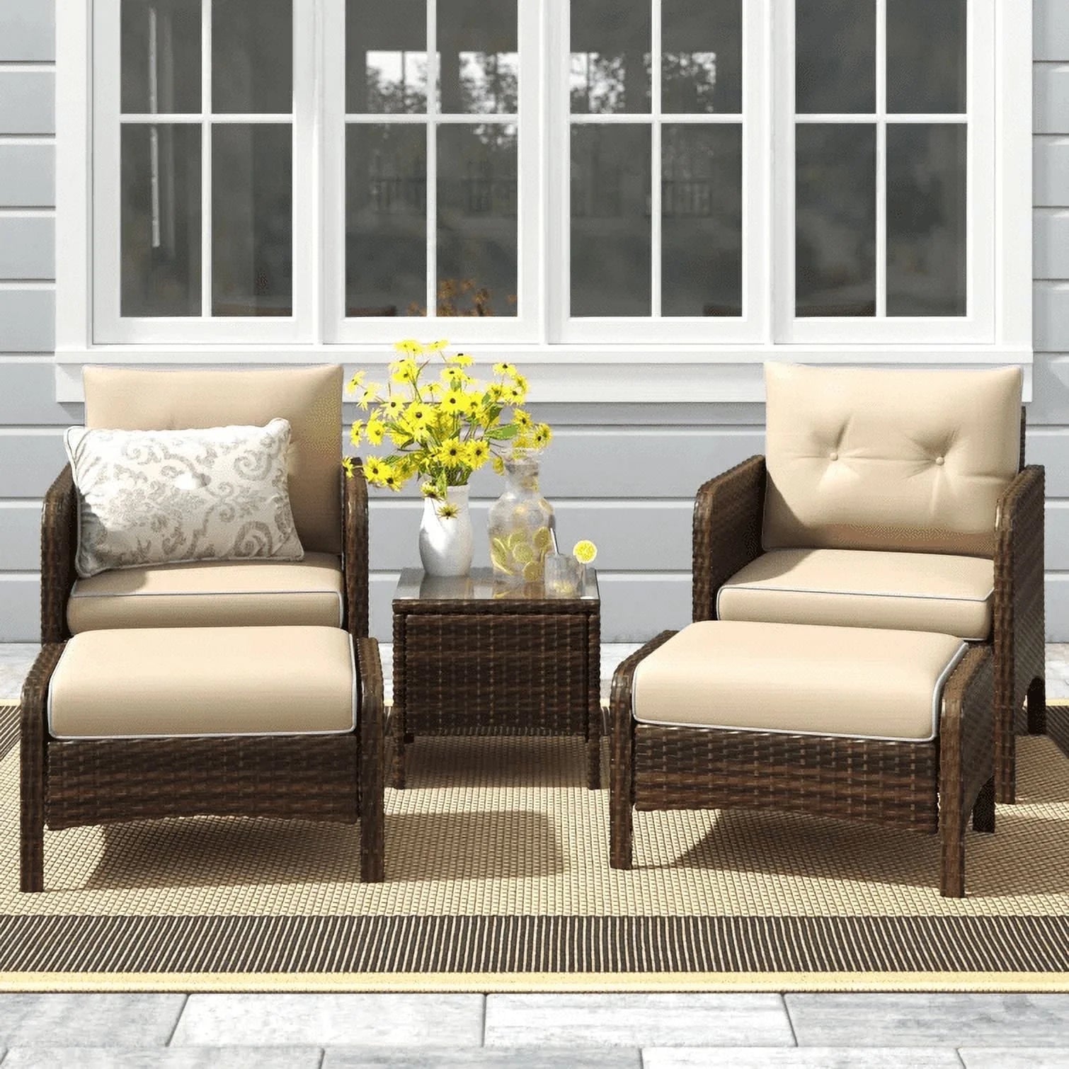 AECOJOY 5 Piece Patio Furniture Set Rattan Wicker Chair with Table Ottoman Patio Conversation Set for Porch in Beige