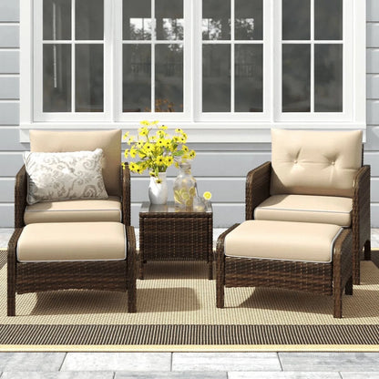 AECOJOY 5 Piece Patio Furniture Set Rattan Wicker Chair with Table Ottoman Patio Conversation Set for Porch in Beige