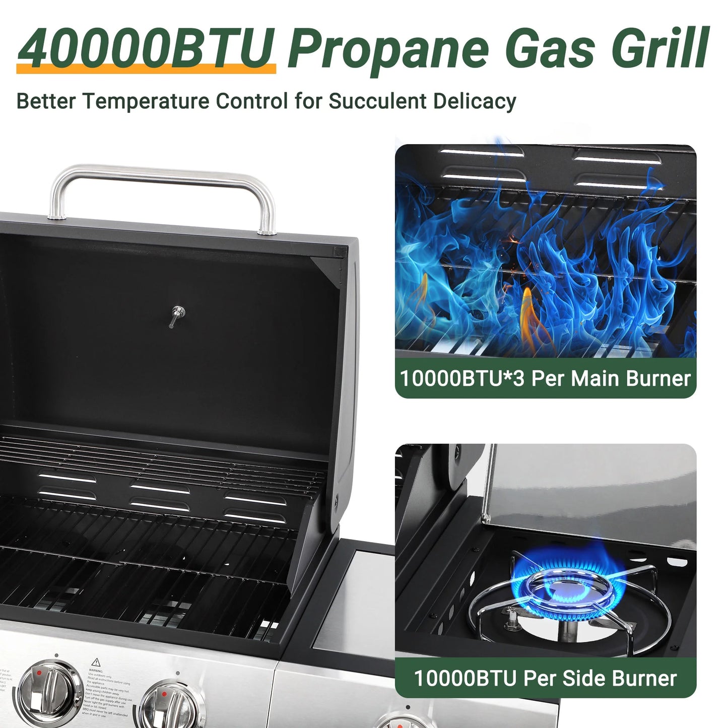 40000 BTU Propane Gas Grill, 3 Burner Barbecue Grill with Side Burner, Built-in Thermometer and 2-in-1 Side Table, Portable Stainless Steel Grill for Outdoor BBQ, Camping, Patio