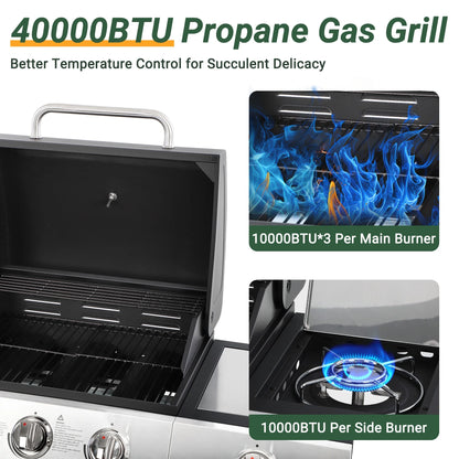 40000 BTU Propane Gas Grill, 3 Burner Barbecue Grill with Side Burner, Built-in Thermometer and 2-in-1 Side Table, Portable Stainless Steel Grill for Outdoor BBQ, Camping, Patio