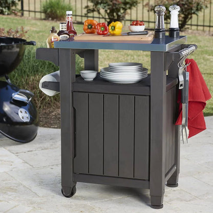 Keter Unity 40 Gal Patio Storage Grilling Bar Cart w/Stainless Steel Top, Brown