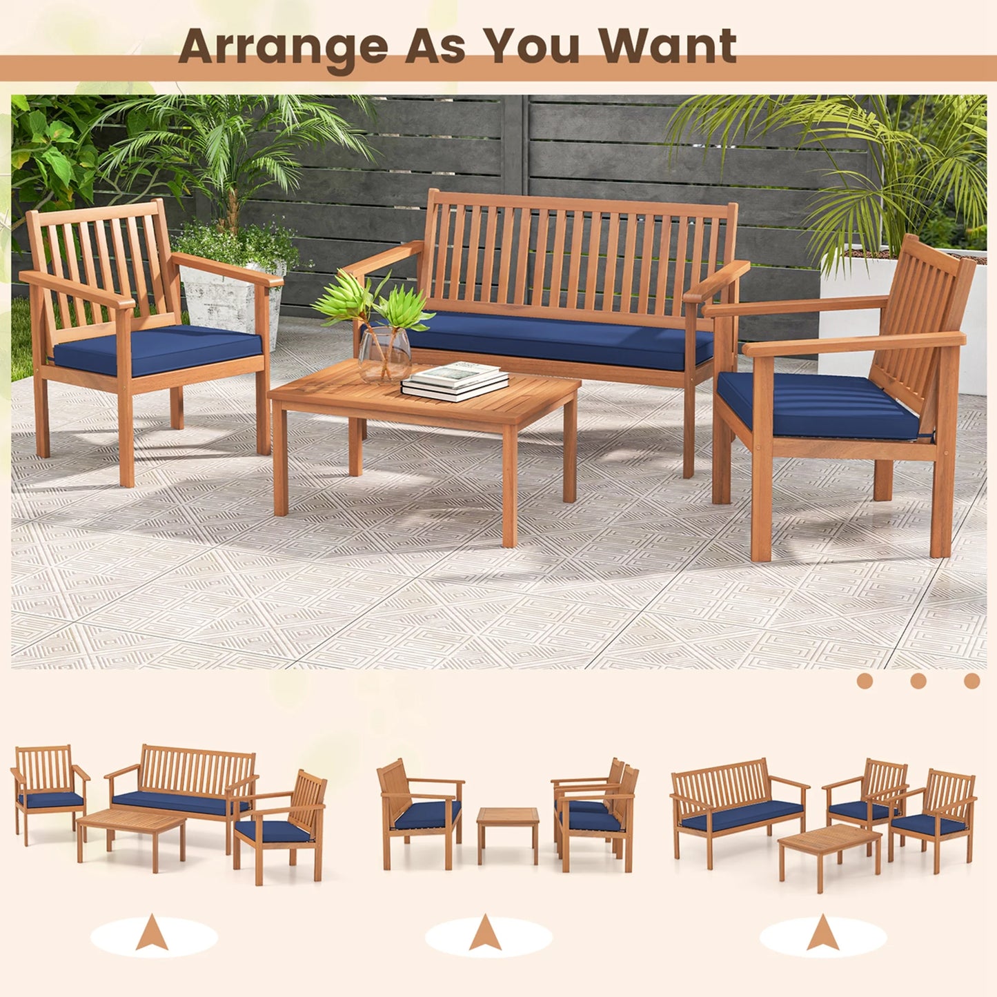 Costway 4 PCS Patio Wood Furniture Set with Loveseat, 2 Chairs & Coffee Table for Porch Navy