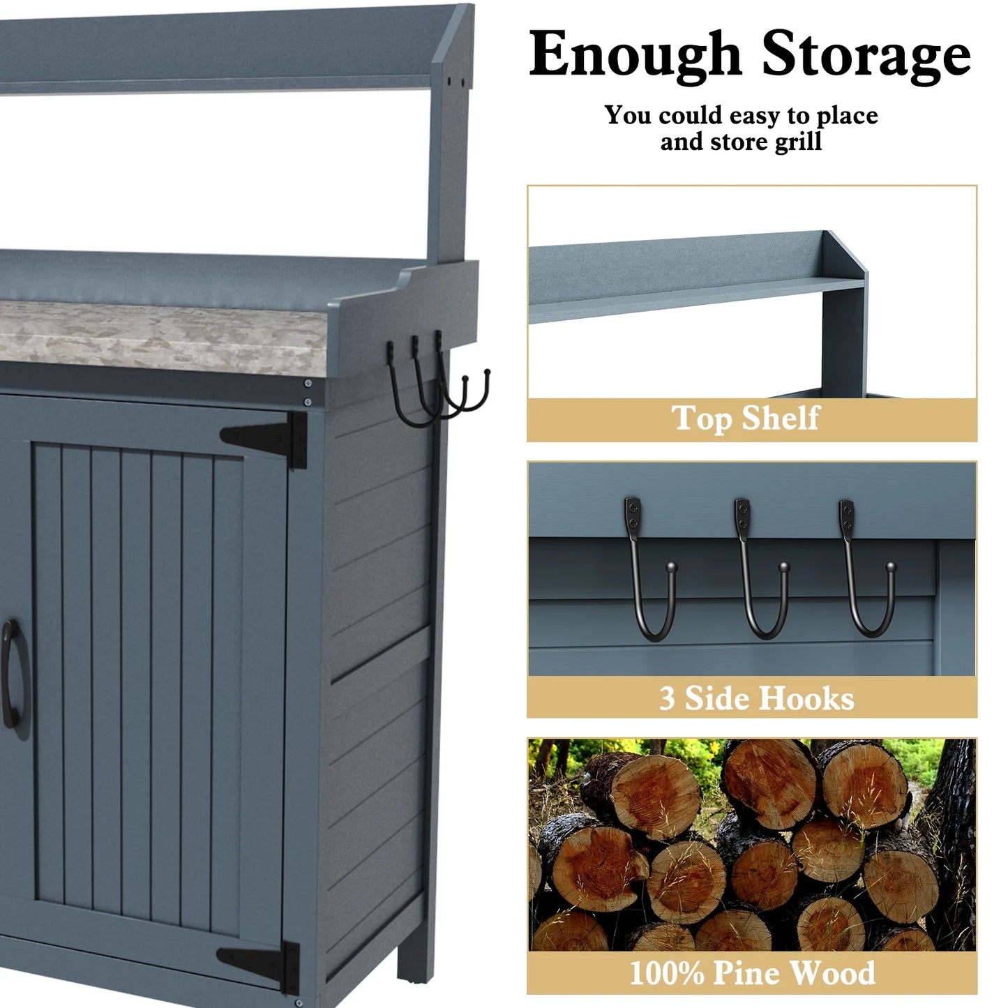 HLR Potting Bench with Storage, Galvanized Steel Tabletop Outdoor Potting Table with Storage for Garden Patio, Original Wood