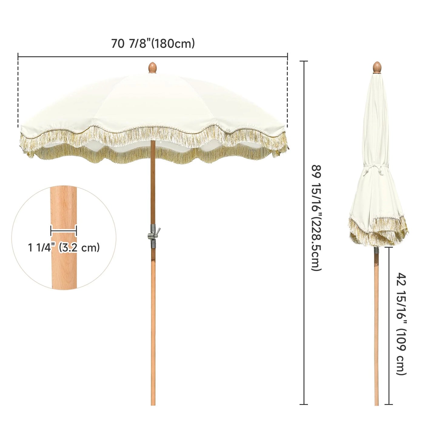 LAGarden 6 Ft Fringe Patio Umbrella with Tassel Jazz Age Wood UPF50+ for Outdoor, Beige with gold tassel,Model: JZ6-01