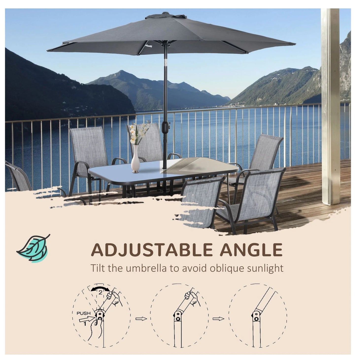 8-Piece Outdoor Dining Set with Umbrella, Patio Table and Chairs, Fast-Dry Fabric, 6 Chairs, Grey