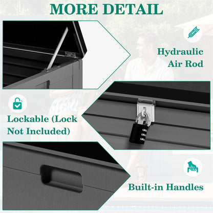 130 Gallon Resin Deck Box, Outdoor Lockable Storage Container for Patio Cushions, Garden Tools, Pool Supplies, Toys, Waterproof and UV Resistant, Reinforced Rib Design, Gray