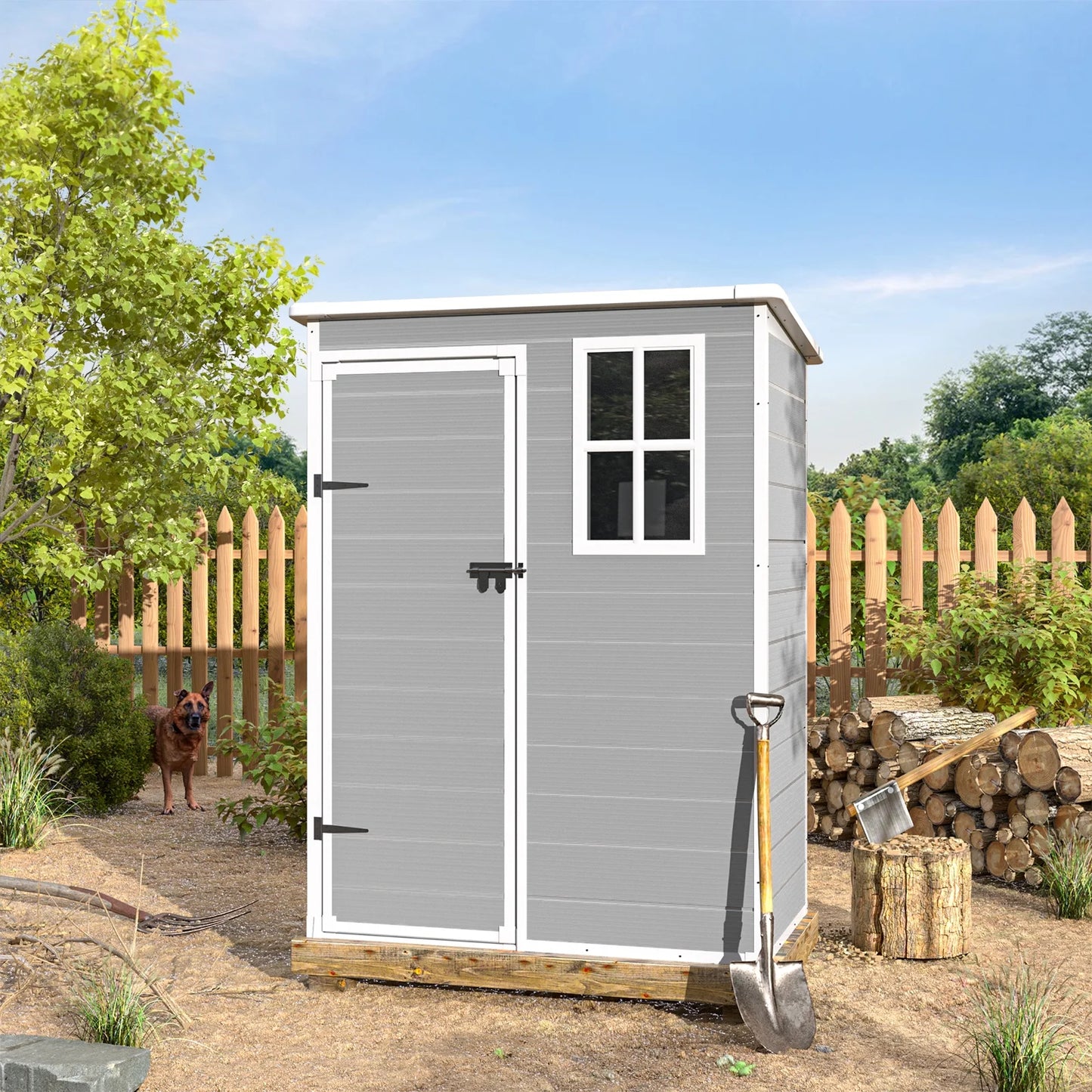 ECOPATIO Outdoor Storage Shed 5x3 FT, Resin Garden Shed for Bike, Tool, Plastic Outside Sheds & Outdoor Storage Storage Box with Lockable Door for Backyard, Patio, Lawn, Sandstone