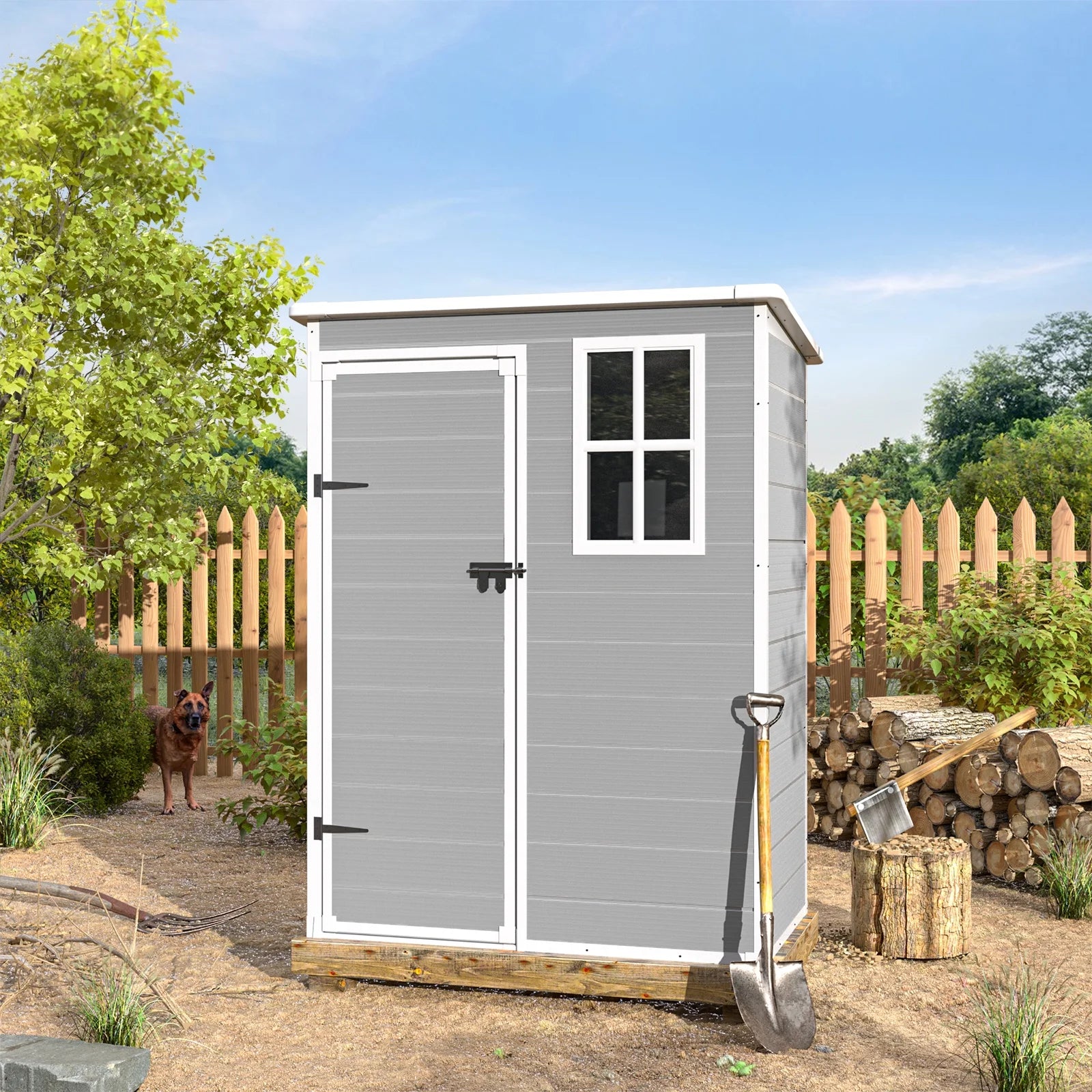 ECOPATIO Outdoor Storage Shed 5x3 FT, Resin Garden Shed for Bike, Tool, Plastic Outside Sheds & Outdoor Storage Storage Box with Lockable Door for Backyard, Patio, Lawn, Sandstone