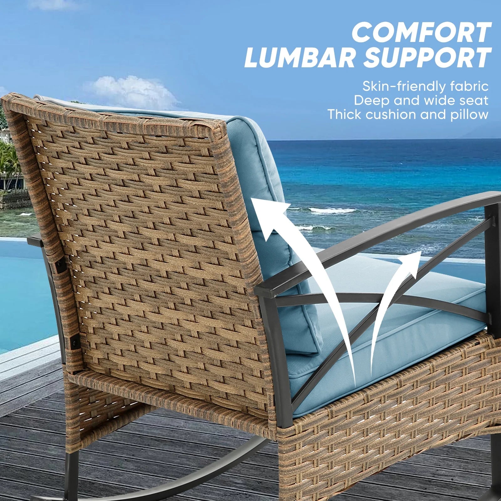 3 Pieces Patio Outdoor Conversation Set, Patio Furniture Bistro Set with 2-Tier Coffee Table, PE Wicker Rocking Chairs with Blue Cushions for for Backyard Porch Poolside